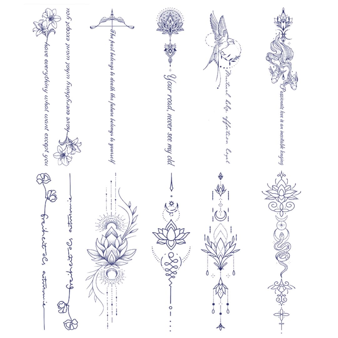 10 Sheets Flower Bird Fish Mandala Quotes Chest Arm Body Semi Permanent Stickers