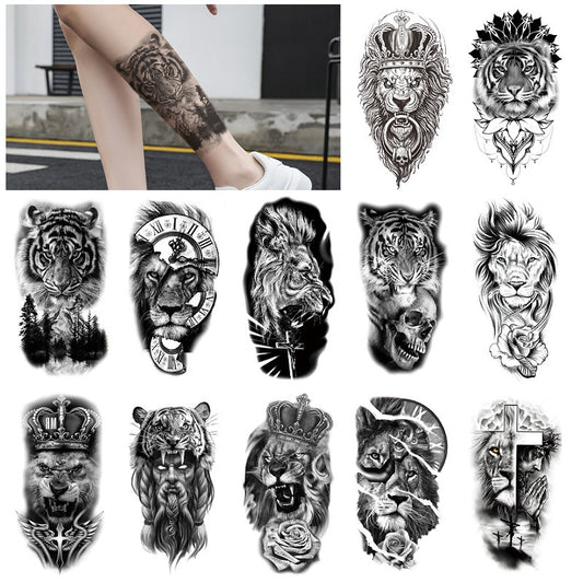 12 Sheets Black Fierce Tiger Lion Wolf Temporary Tattoos