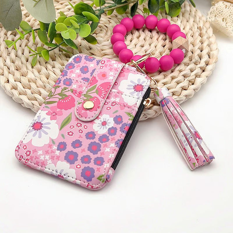 Women’s Boho Style Card Bag with Beaded Bracelet & Tassel Keychain