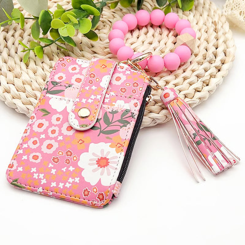 Women’s Boho Style Card Bag with Beaded Bracelet & Tassel Keychain
