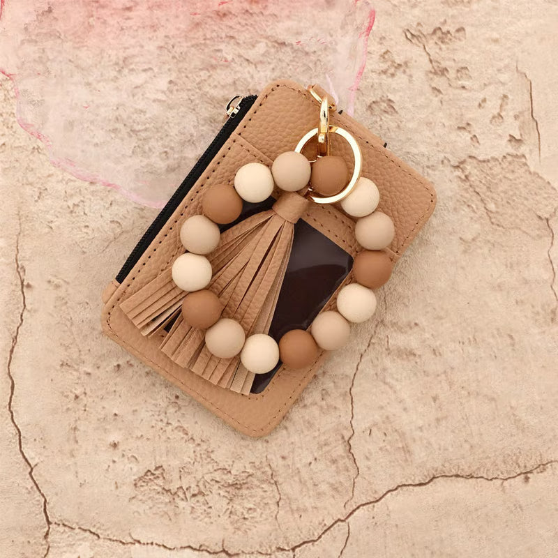Women’s Boho Style Card Bag with Beaded Bracelet & Tassel Keychain