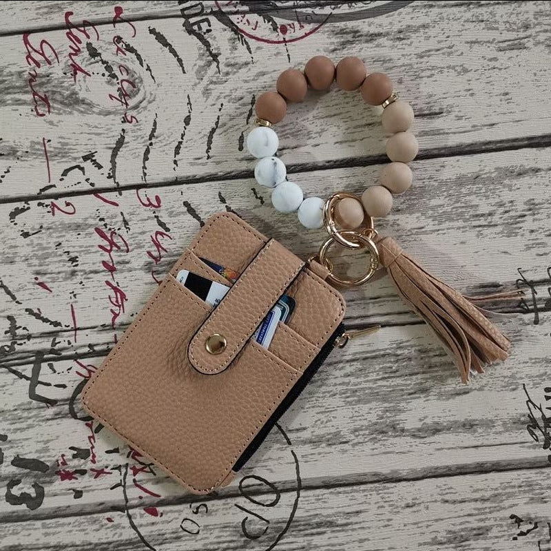Women’s Boho Style Card Bag with Beaded Bracelet & Tassel Keychain