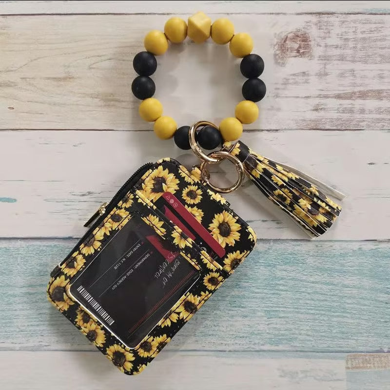 Women’s Boho Style Card Bag with Beaded Bracelet & Tassel Keychain