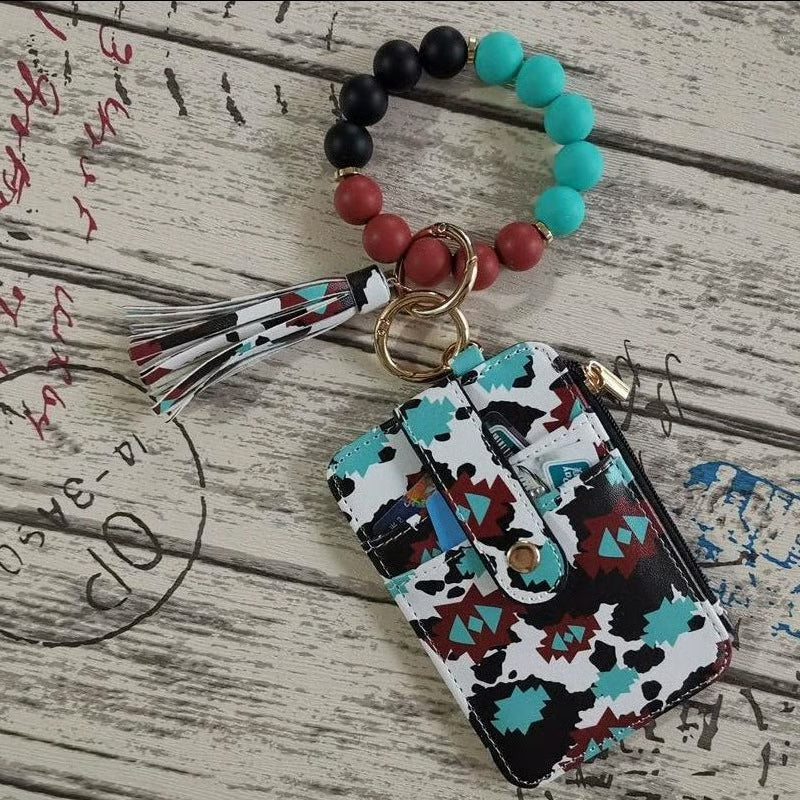 Women’s Boho Style Card Bag with Beaded Bracelet & Tassel Keychain