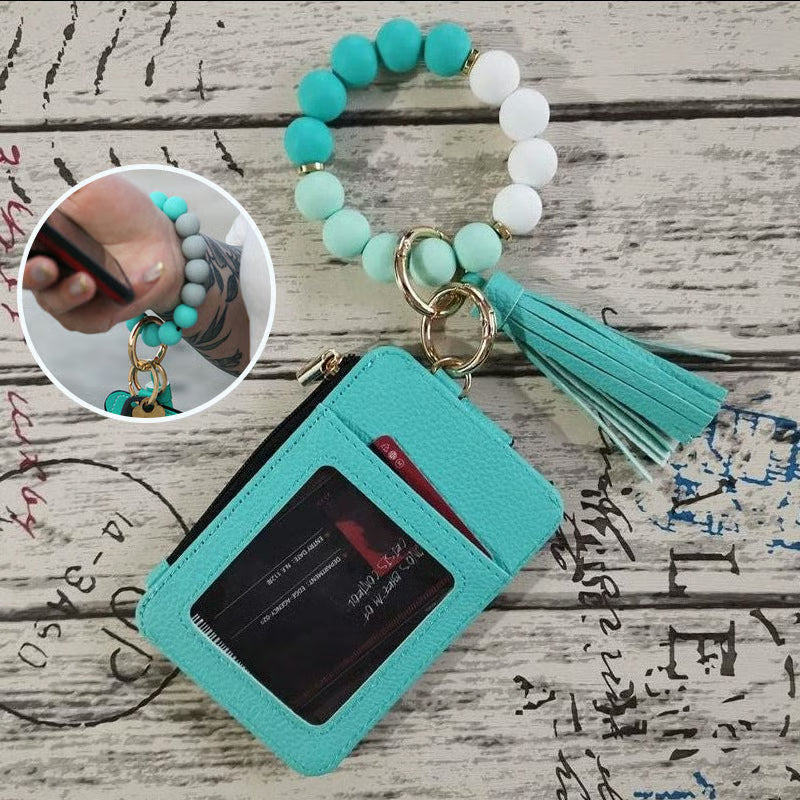 Women’s Boho Style Card Bag with Beaded Bracelet & Tassel Keychain