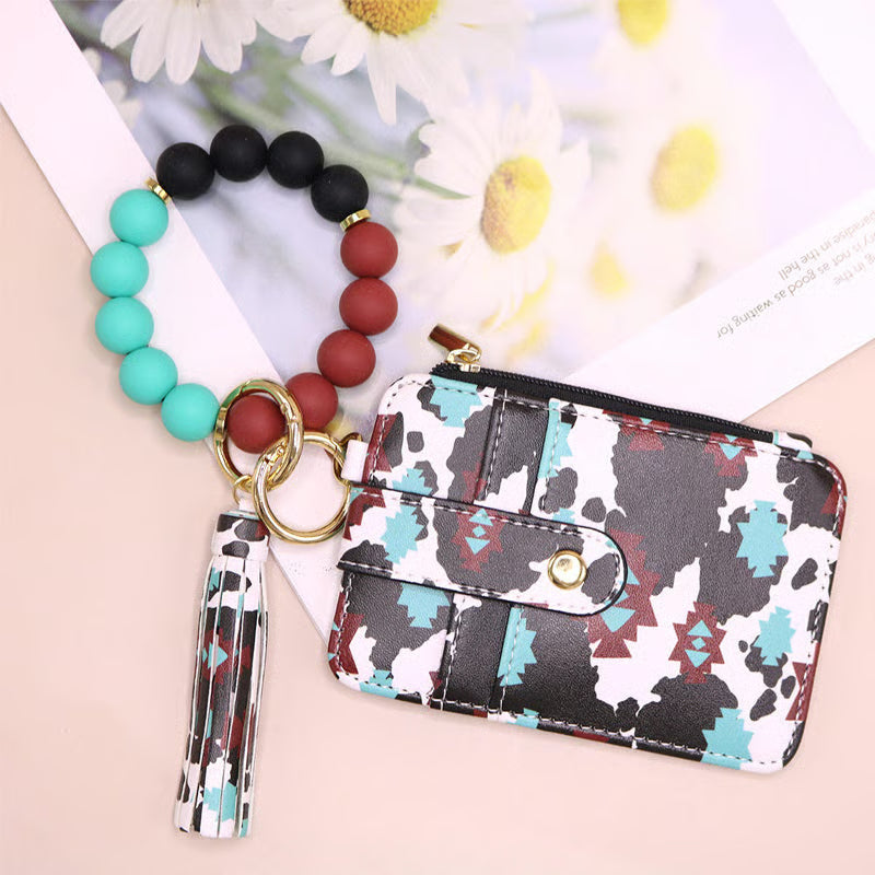 Women’s Boho Style Card Bag with Beaded Bracelet & Tassel Keychain