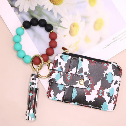 Women’s Boho Style Card Bag with Beaded Bracelet & Tassel Keychain