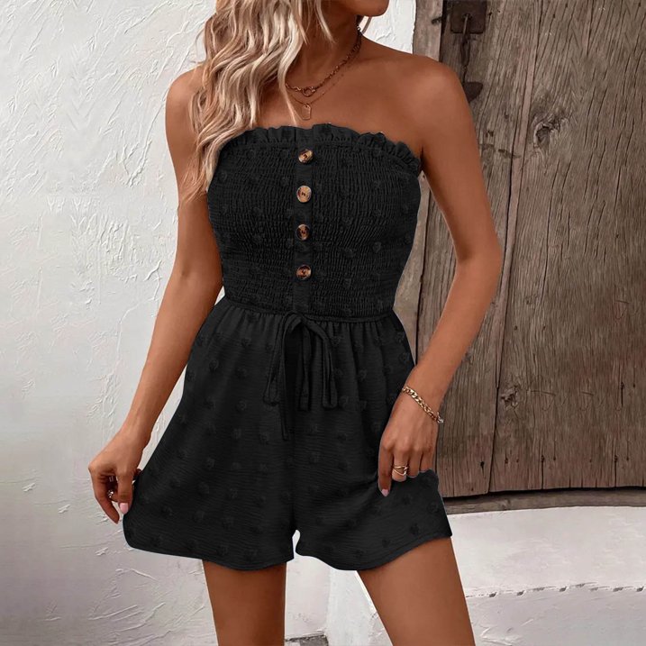 💜LAST DAY PROMOTION - 33%OFF💜Women's Strapless Frill Trim Shirred Tie Front Wide Leg Tube Romper🎈💃