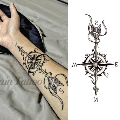 8 Sheets Black Arrow Compass Feather Dragon Anchor Sword Snake Tree Flower Temporary Tattoos for Arm