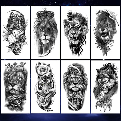 8 Sheets Waterproof Arm Leg Fake Temporary Tattoo - Lion Tiger Crown King Flower Wolf