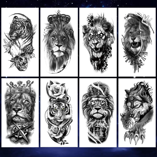 8 Sheets Waterproof Arm Leg Fake Temporary Tattoo - Lion Tiger Crown King Flower Wolf