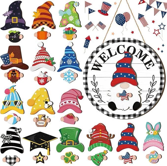 🎄Interchangeable Wooden Gnome Welcome Sign🎈