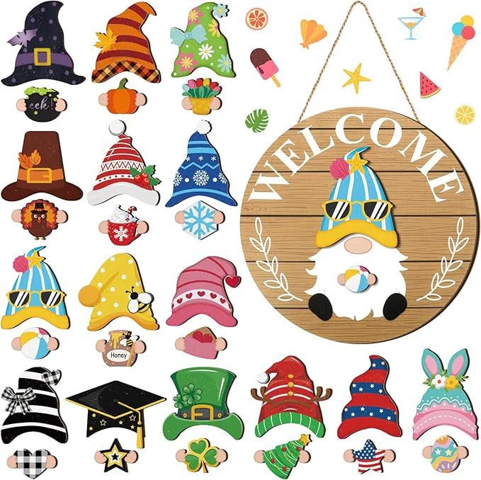 🎄Interchangeable Wooden Gnome Welcome Sign🎈
