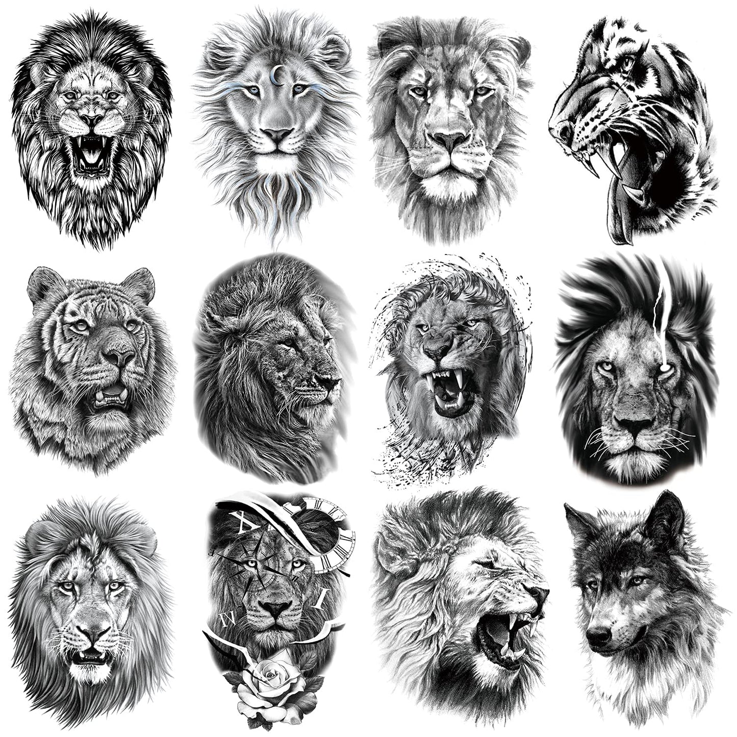 12 Sheets Black Fierce Tiger Lion Wolf Temporary Tattoos