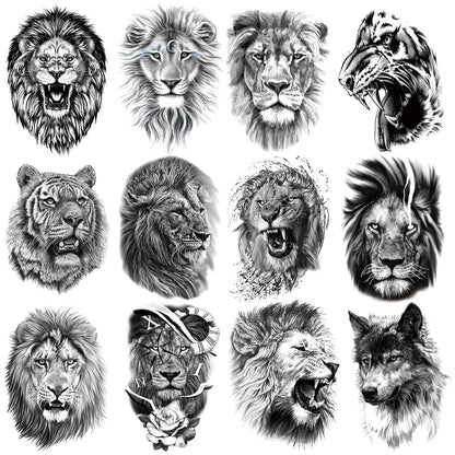 12 Sheets Black Fierce Tiger Lion Wolf Temporary Tattoos