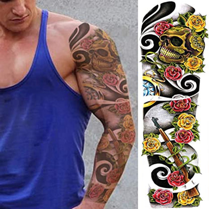 4 Sheets Extra Large Full Arm Temporary Tattoos - Colorful Skull Ghost Pumkin Carp Koi Flower Tree Gun For Men