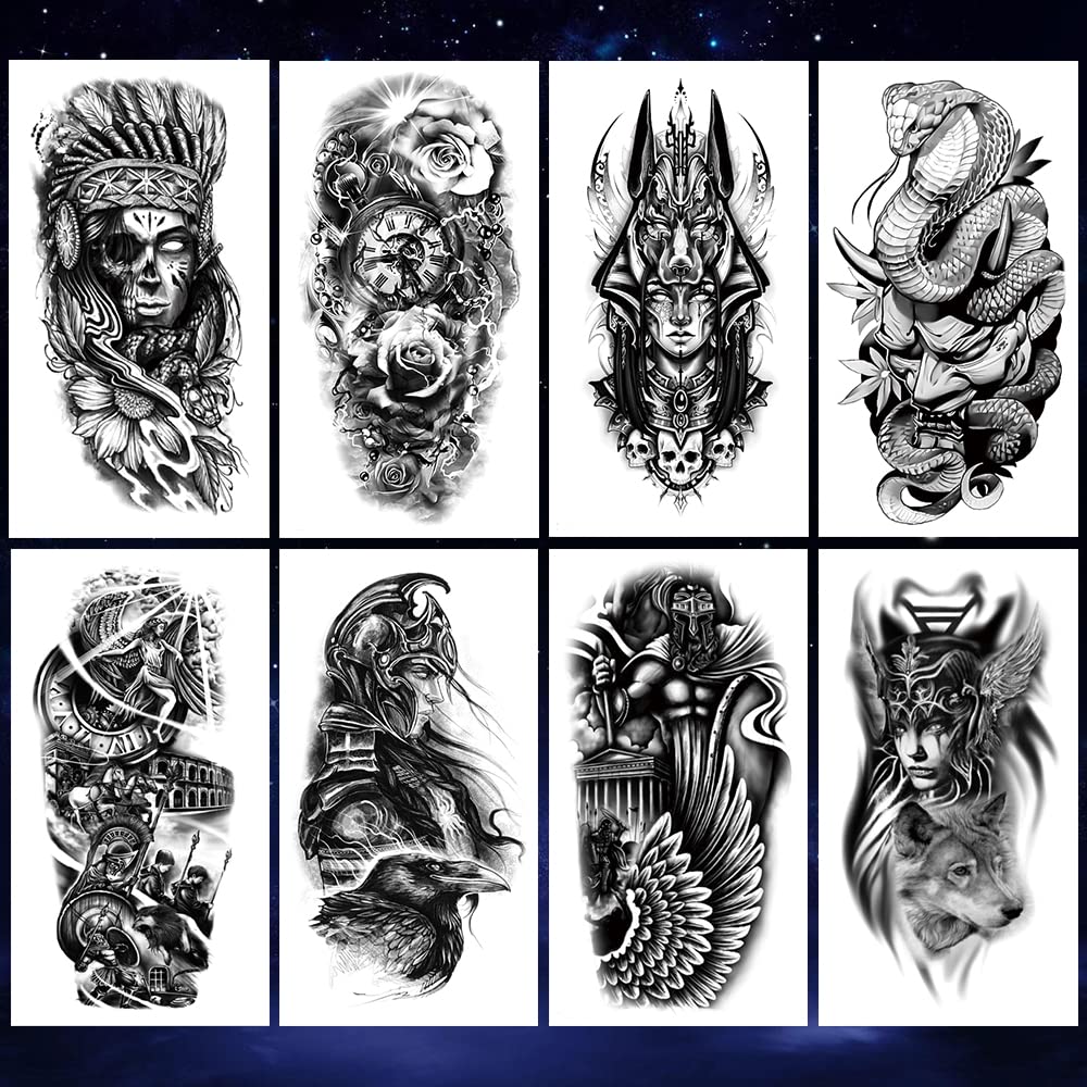 8 Sheets Waterproof Arm Leg Fake Temporary Tattoo - Indian Skull Snake Egypt Anubis Flower Compass Prajna Greek Myth Soldier