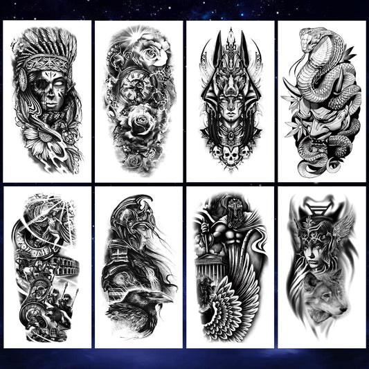 8 Sheets Waterproof Arm Leg Fake Temporary Tattoo - Indian Skull Snake Egypt Anubis Flower Compass Prajna Greek Myth Soldier