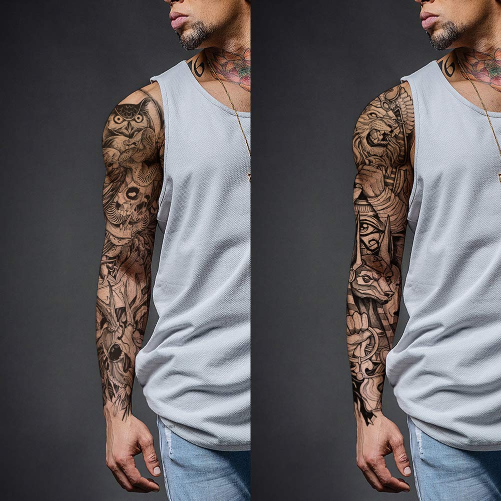 4 Sheets Full Arm Leg Extra Large Temporary Tattoos, Owl Snake Skull God Medusa Poseidon Anubis Horus Lion Eagle Egypt