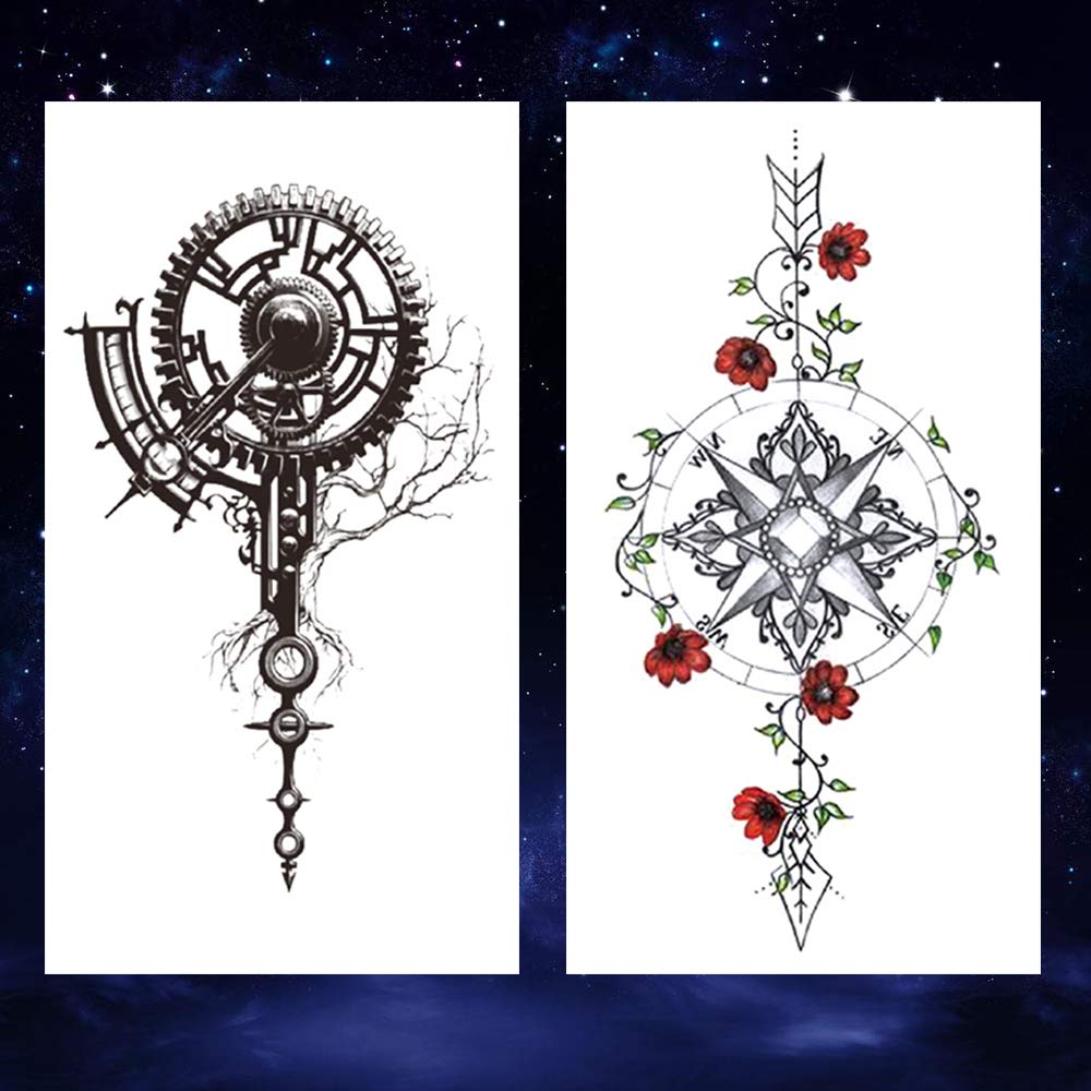 8 Sheets Black Arrow Compass Feather Dragon Anchor Sword Snake Tree Flower Temporary Tattoos for Arm