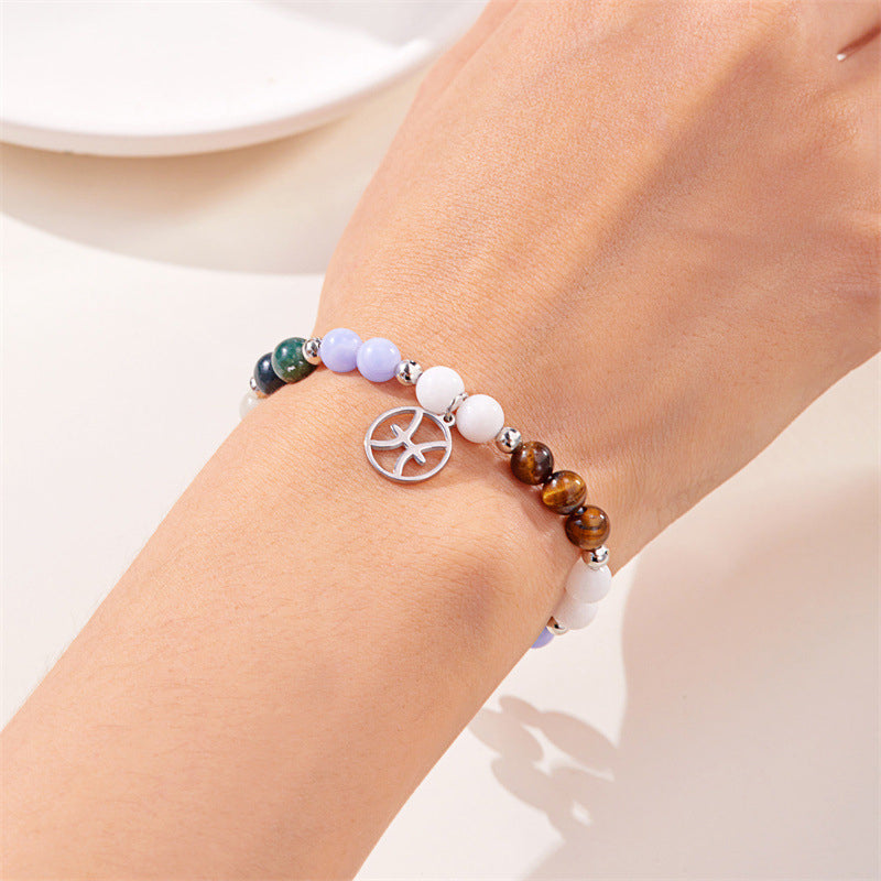 12 Zodiac Stone Beaded Bracelet with Astrological Sign Charm