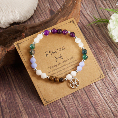 12 Zodiac Stone Beaded Bracelet with Astrological Sign Charm