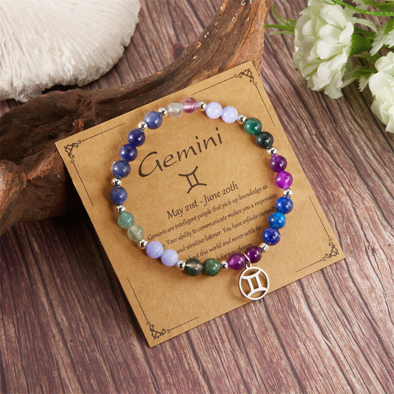 12 Zodiac Stone Beaded Bracelet with Astrological Sign Charm