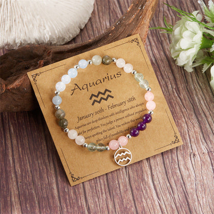 12 Zodiac Stone Beaded Bracelet with Astrological Sign Charm