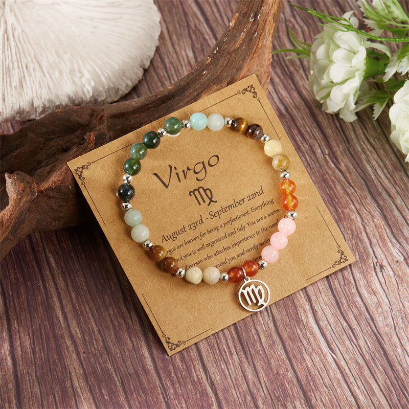 12 Zodiac Stone Beaded Bracelet with Astrological Sign Charm