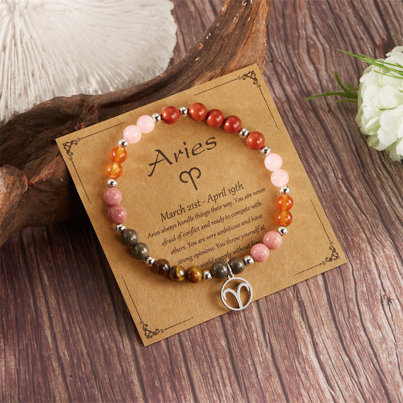 12 Zodiac Stone Beaded Bracelet with Astrological Sign Charm