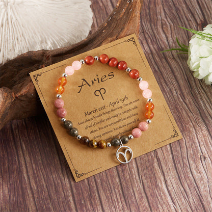 12 Zodiac Stone Beaded Bracelet with Astrological Sign Charm