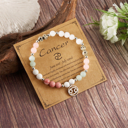 12 Zodiac Stone Beaded Bracelet with Astrological Sign Charm