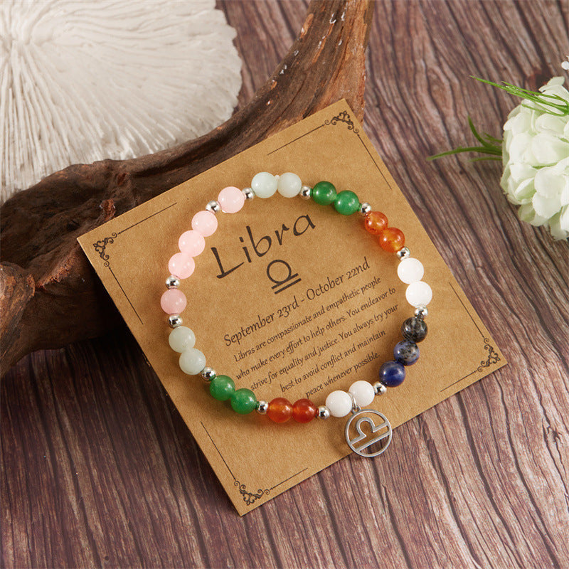12 Zodiac Stone Beaded Bracelet with Astrological Sign Charm