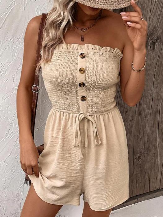 💜LAST DAY PROMOTION - 33%OFF💜Women's Strapless Frill Trim Shirred Tie Front Wide Leg Tube Romper🎈💃